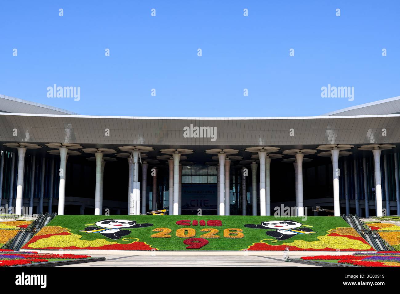 Floral displays featuring mascot Jinbao are set up at the South Square ...