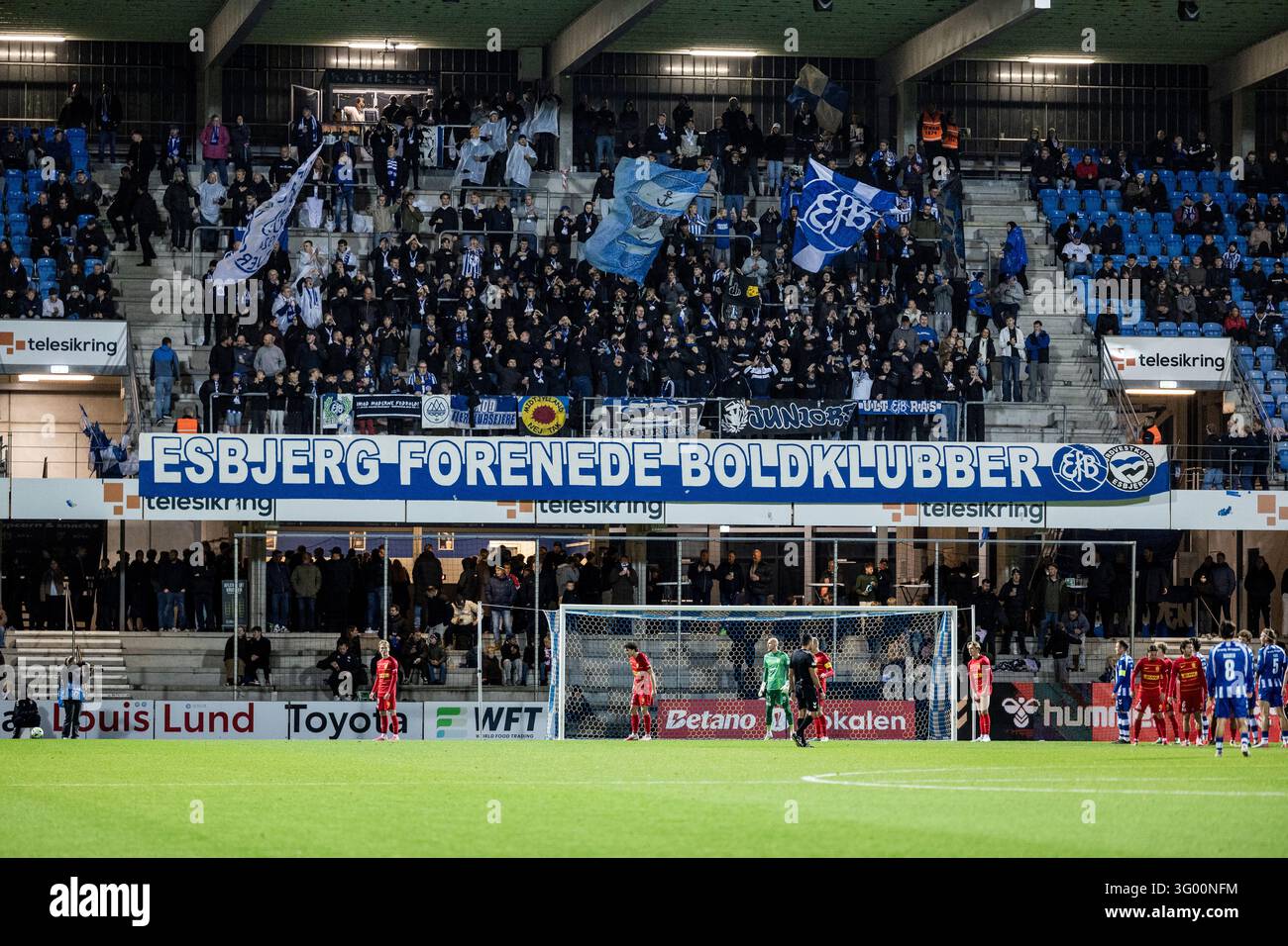 Esbjerg, Denmark. 28th, October 2026. Football fans of Esbjerg fB seen ...