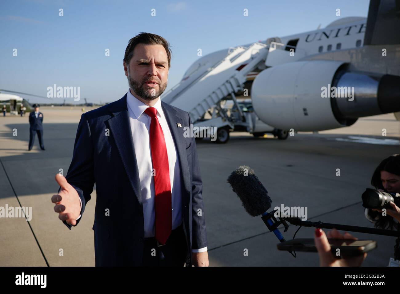 Pool Wiver Vice President JD Vance speaks to the media before boarding Air Force ...