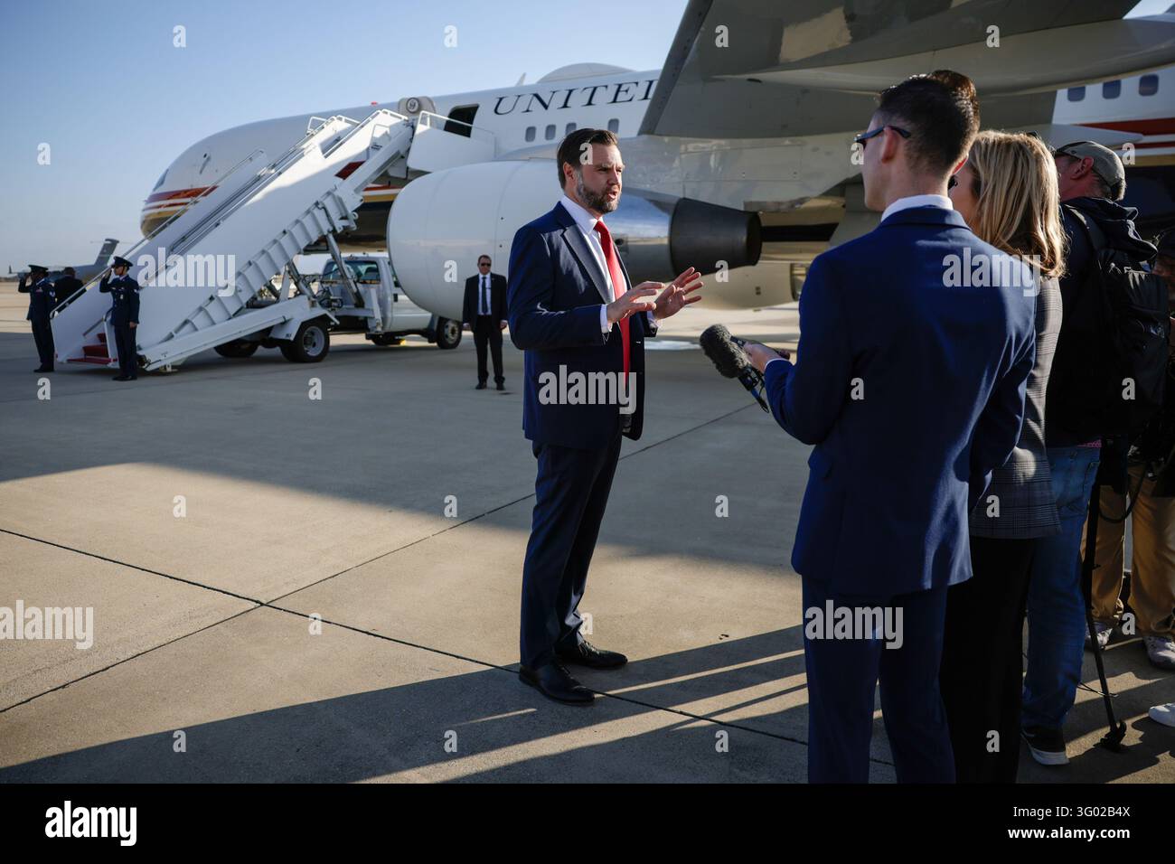 Pool Wiver Vice President JD Vance speaks to the media before boarding Air Force ...