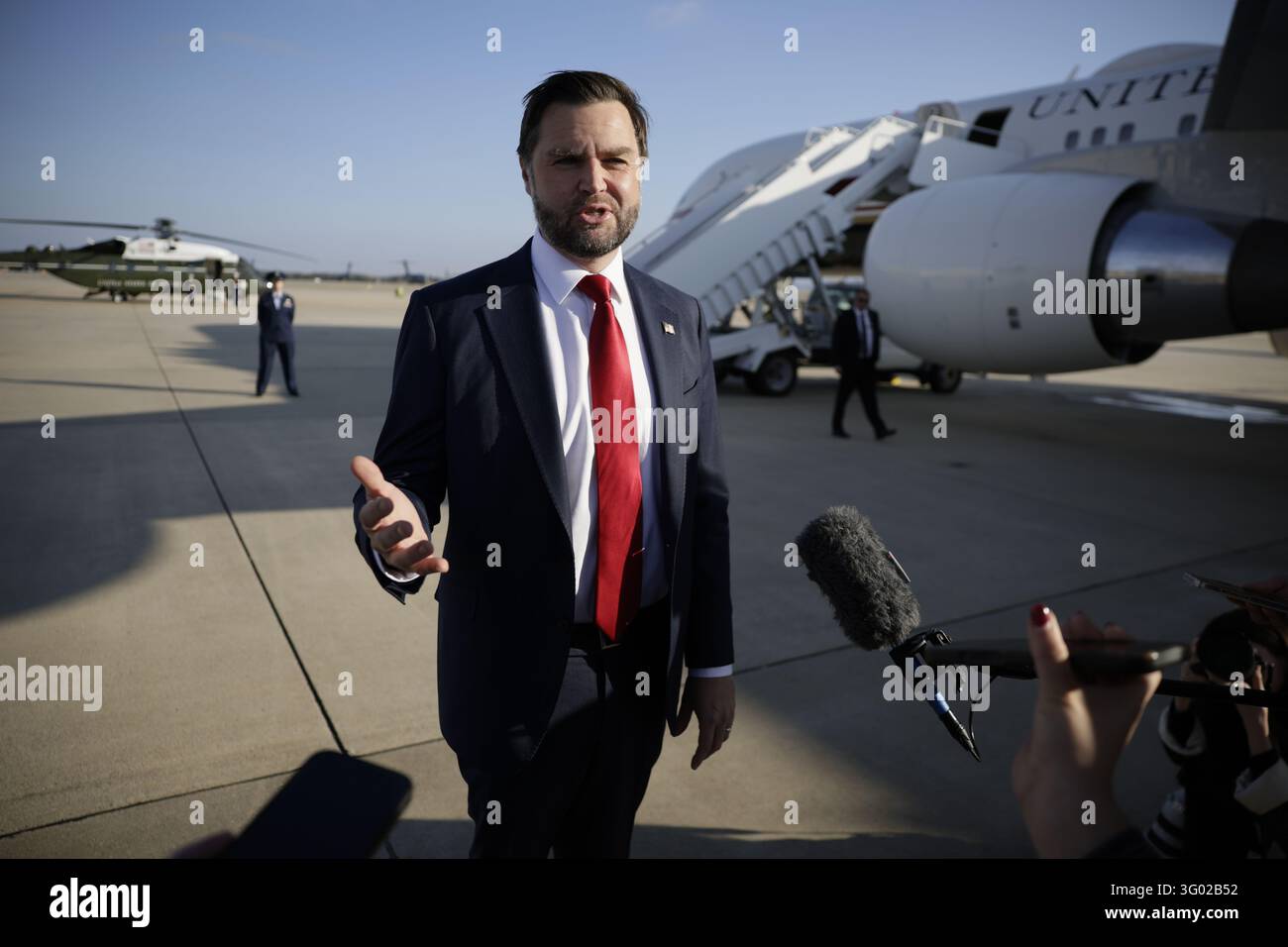 Pool Wiver Vice President JD Vance speaks to the media before boarding Air Force ...