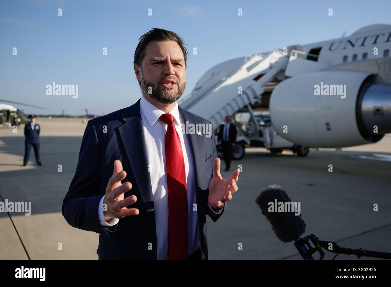 Pool Wiver Vice President JD Vance speaks to the media before boarding Air Force ...