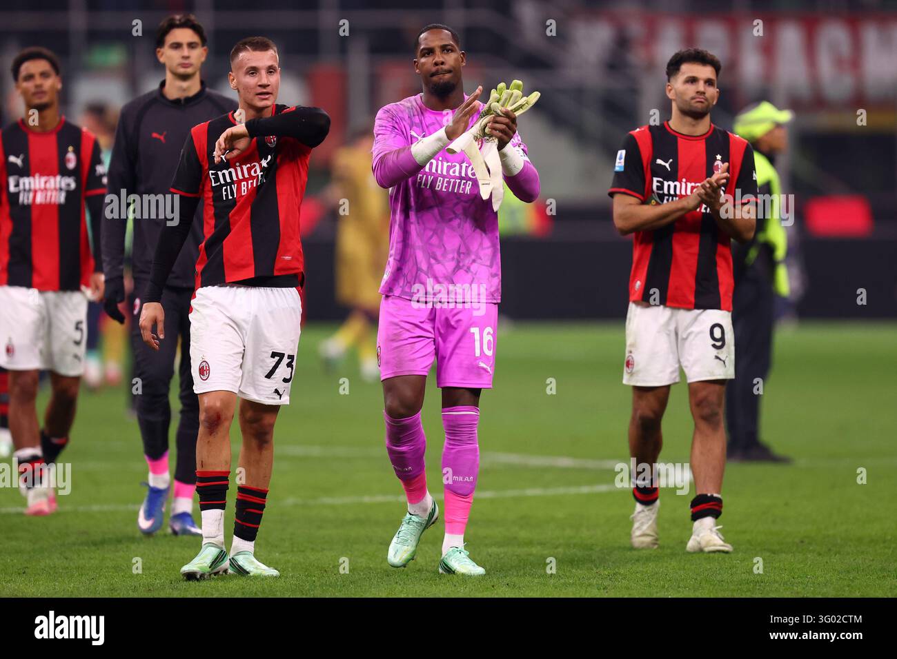 Mike Maignan, Francesco Camarda and Goncalo Ramos of Ac Milan look ...