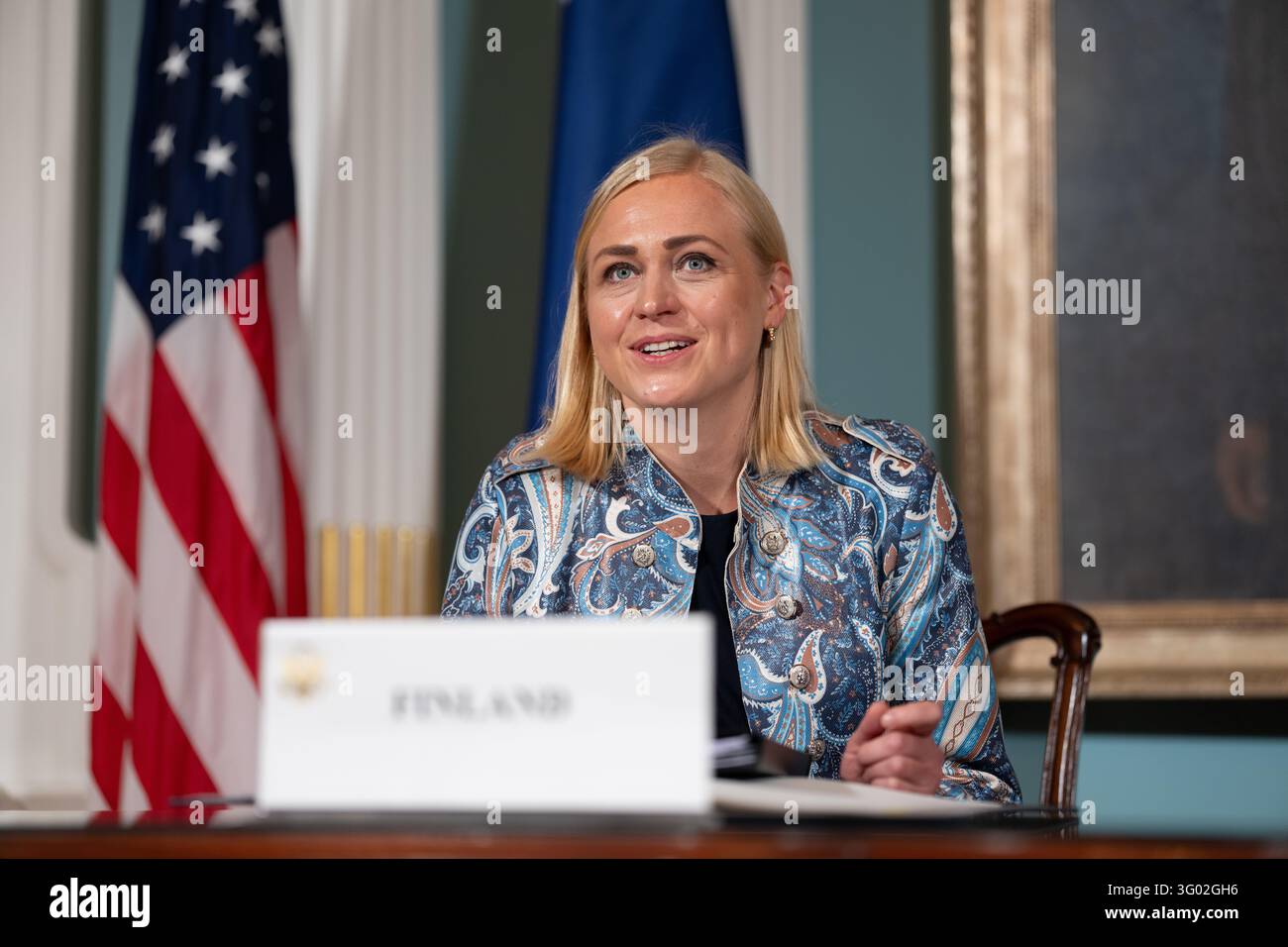 Finnish Foreign Minister Elina Valtonen gives remarks during a signing ...