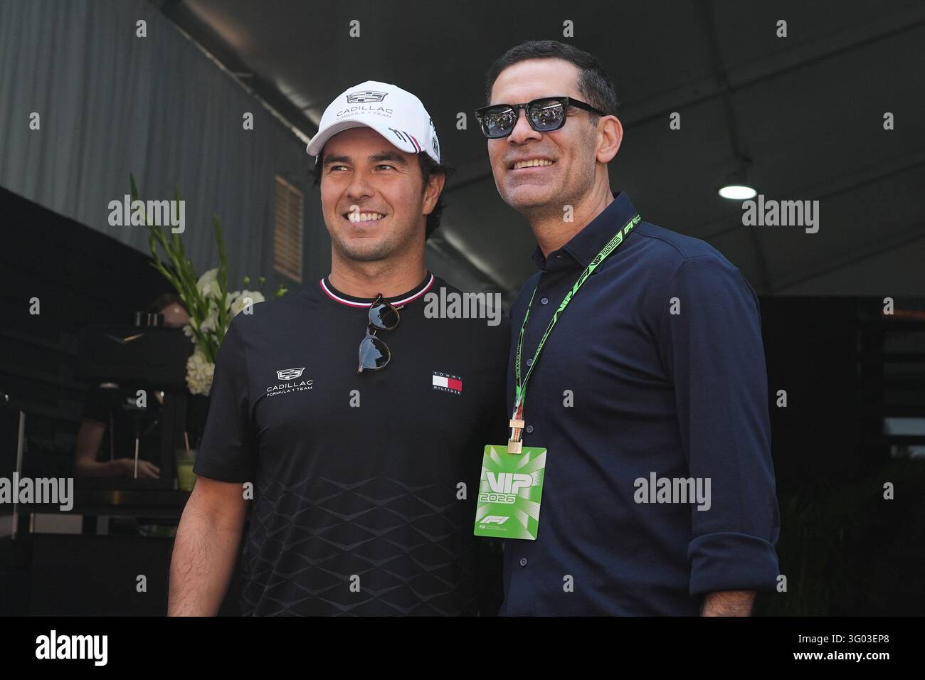 Cadillac driver Sergio Perez of Mexico, left, and Mexico national ...