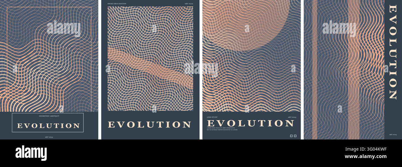 Abstract Posters Set Vector Illustration with Wavy Lines and Geometric Shapes in Blue and Peach Colours Featuring Text Evolution on Dark Backgrounds Stock Vector