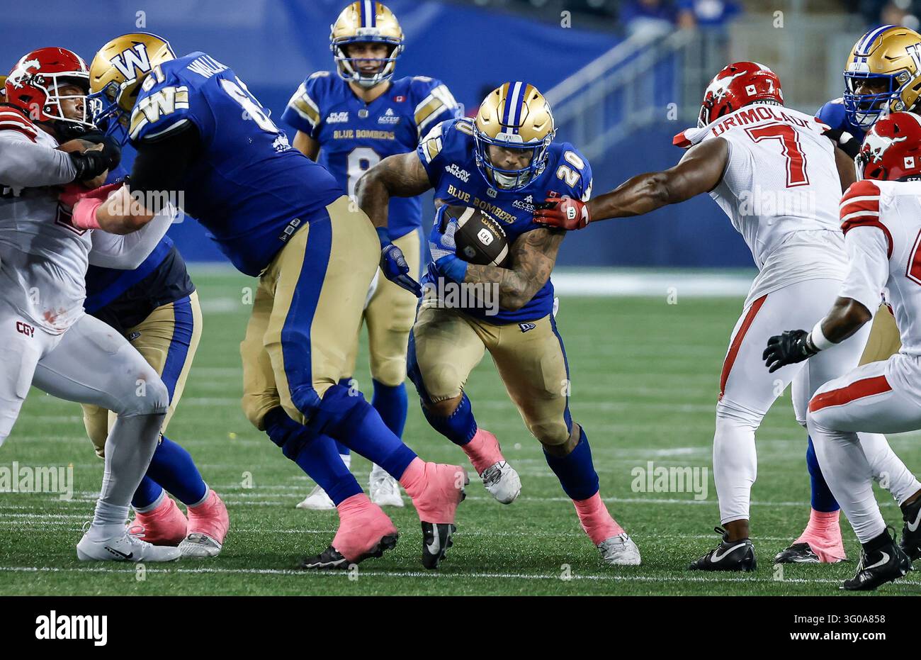 Winnipeg Blue Bombers' Brady Oliveira (20) runs for the first down ...