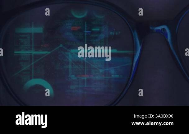 Glasses and eyes of girl working at a computer. Reflection of the ...
