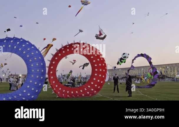Doha, Qatar - January 21 2025: Qatar Kite Festival 2025 in Old Doha