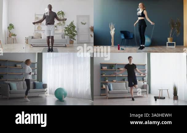 Four individuals demonstrate diverse workout routines in well-lit home ...