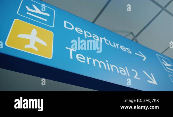 Blue Navigation Sign Directing Passengers to Departures, Terminals And ...