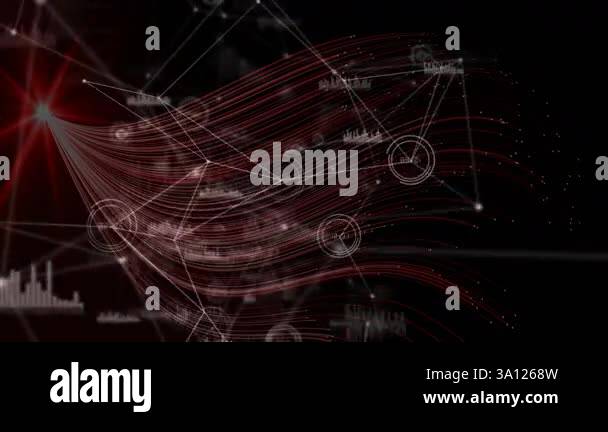 Animation of digital network with red lines and data graphs on dark ...