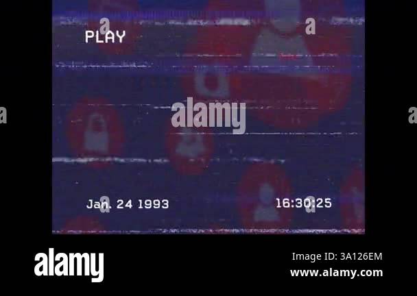 Animation of retro VHS-style screen showing static lines and social ...
