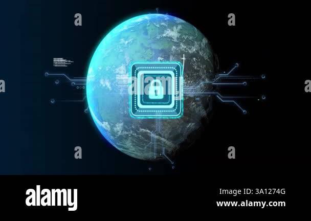 Digital lock icon and data processing animation over Earth in space ...