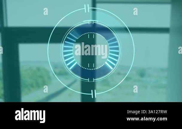 Digital interface animation over blurred window view with outdoor ...