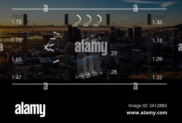 Cityscape with data processing animation overlay showing input and ...