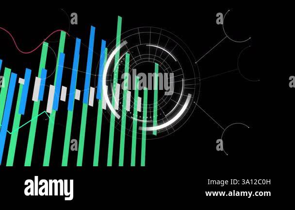 Animation of colorful bar and line graphs with circular data on black ...