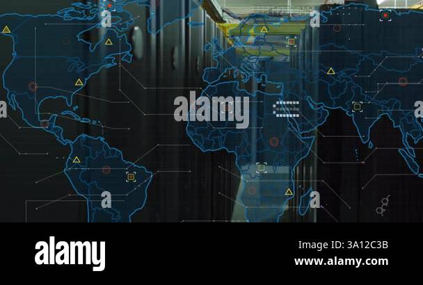 Animation of digital world map with data points and hexagonal patterns ...