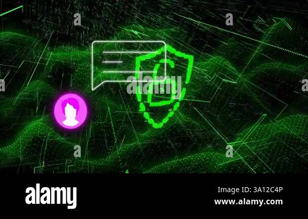 Curated visual reference: Gallery Detail: Digital Security Shield And Chat Icon Over Green Data Network
