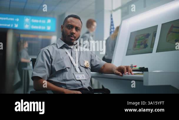 Tsa Computer Screen Airport Security Checkpoint: Portrait of African American TSA Worker ...
