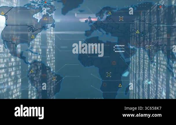 Animation of digital world map with data processing symbols and network ...
