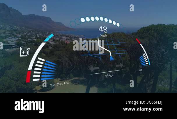 Animation showing digital speedometer - Animation Showing Digital Speedometer And Navigation Overlay Over Coastal Landscape Technology Innovation Futuristic Map Travel 3c65h3j