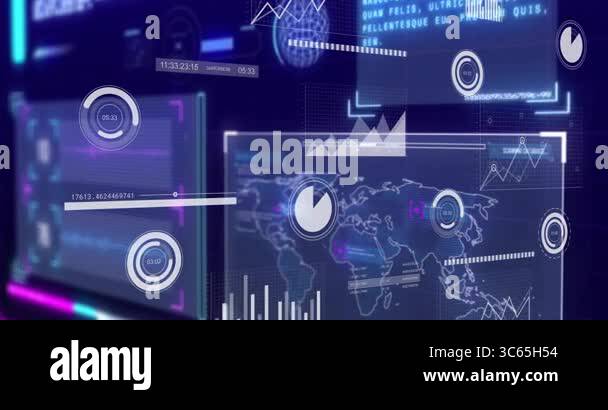 Digital data analytics and graphs animation over world map interface ...