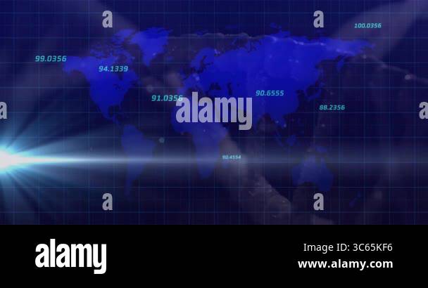 Animation of world map with numerical - Animation Of World Map With Numerical Data Overlay On Blue Grid Background Global Analytics Technology Infographic Statistics Digital 3c65kf6