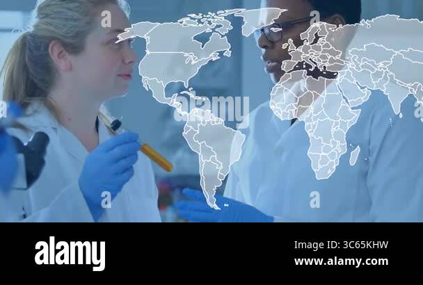 In laboratory scientists discussing - In Laboratory Scientists Discussing Research With World Map Animation Overlay Science Innovation Technology Collaboration Teamwork Analysis 3c65khw
