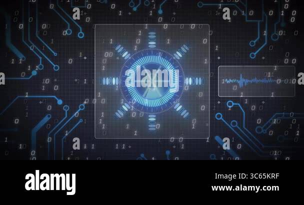 Animation of digital interface with blue gear and binary code in school ...