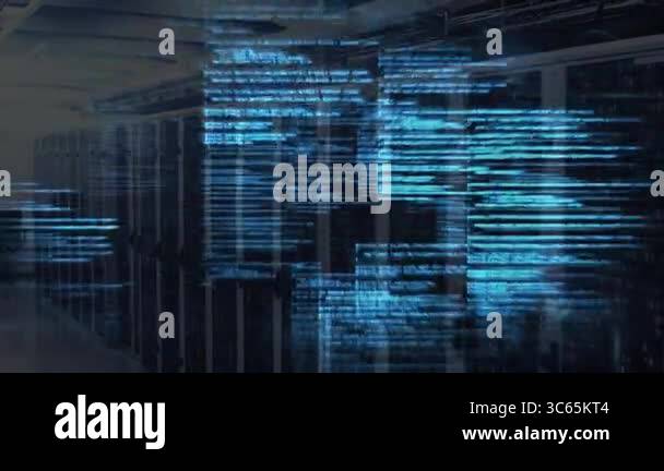 Digital code and data processing animation over servers in data center ...