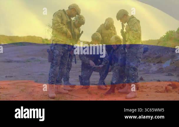 Examining map with Russian flag - Examining Map With Russian Flag Overlay Soldiers In Tactical Gear Planning Strategy Military Defense Operation Logistics Teamwork 3c65wm5