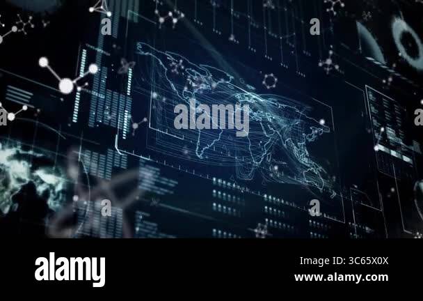 Digital world map with data processing and atomic symbols animation ...