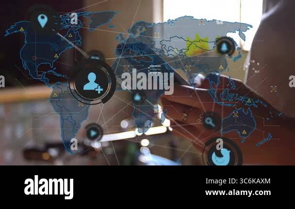 Using smartphone person viewing - Using Smartphone Person Viewing Digital Icons Overlay On World Map Animation Technology Innovation Connectivity Globalization Communication Interaction 3c6kaxm