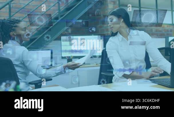 Exchanging documents with digital data animation, businesswomen in ...