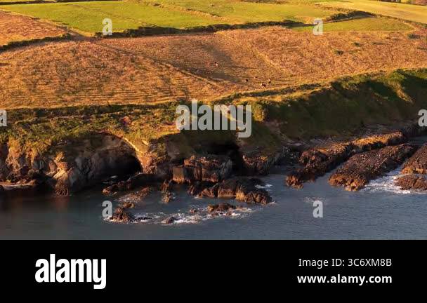 Coastal cliffs and a secluded cove are displayed. Dark-colored rocks ...