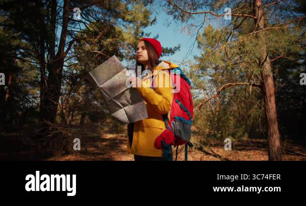 Backpacker hiker girl with hiking - Backpacker Hiker Girl With Hiking Poles Using Authentic Paper Map In The Forest Hispanic Teenager In The Woods 3c74fer