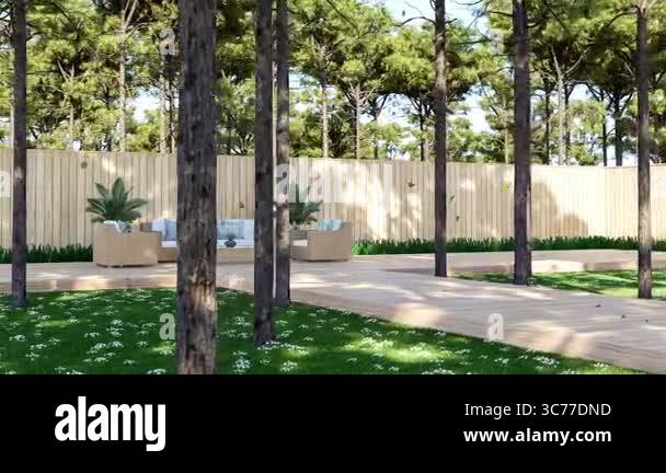 Animation of modern contemporary wooden balcony with rattan furniture ...