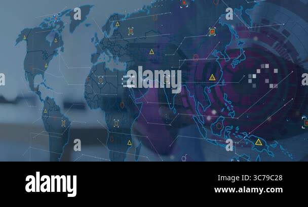 Animation of digital world map with data symbols and network ...
