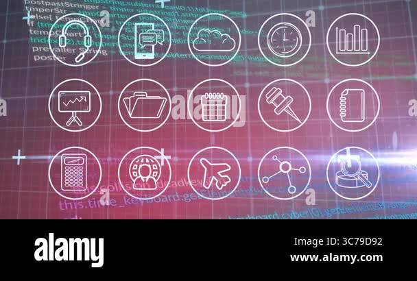 Animation of digital icons overlaying programming code, showcasing ...