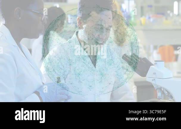 Scientists working in laboratory with network of connections overlay ...