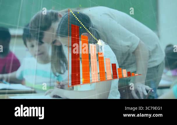 Bar chart animation over children studying with teacher in classroom ...