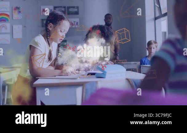 In school, children studying with animated mathematical equations and ...