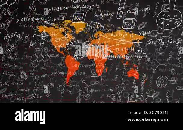 Science/math Geography Animation of world map with scientific formulas overlaying continents ...