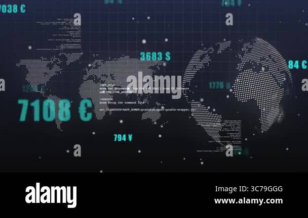 World map with currency symbols and data processing animation over grid ...