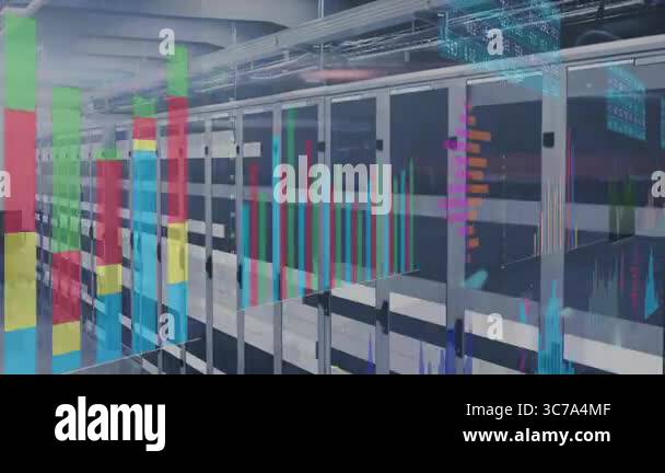 computer screen with code animation over server racks... Data processing animation over server racks in modern data center ...