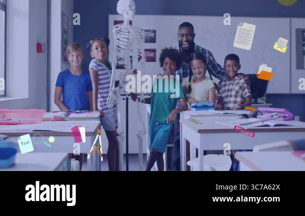 In school, animation of educational icons overlaying diverse children ...