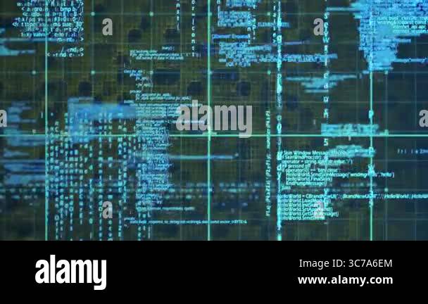 Digital code and data processing animation over complex grid background ...