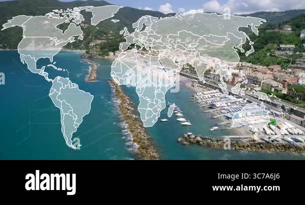 World map animation over coastal town with marina and green hills ...