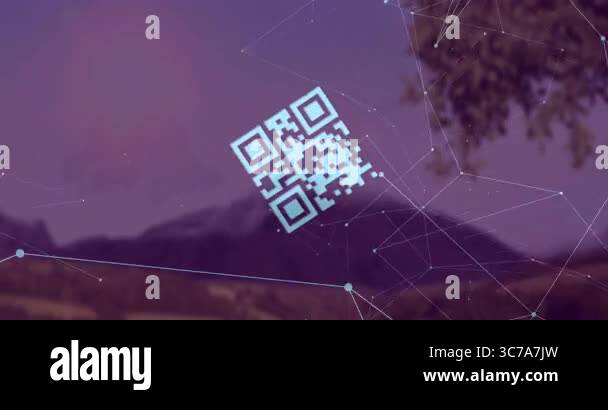 Animation of QR code with digital network over scenic mountain ...
